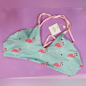 Flamingo Print Bikini Top in Mint Green and Pink